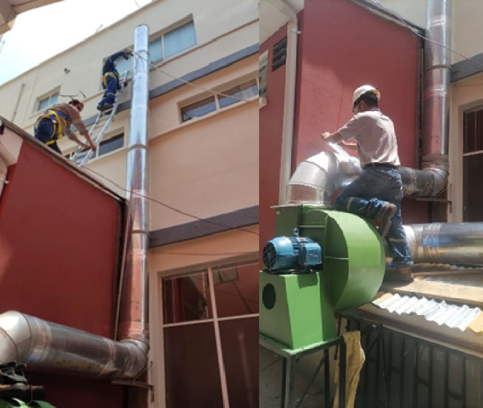 Personas trabajando en el exterior de un edificio junto a un ducto y un extractor verde