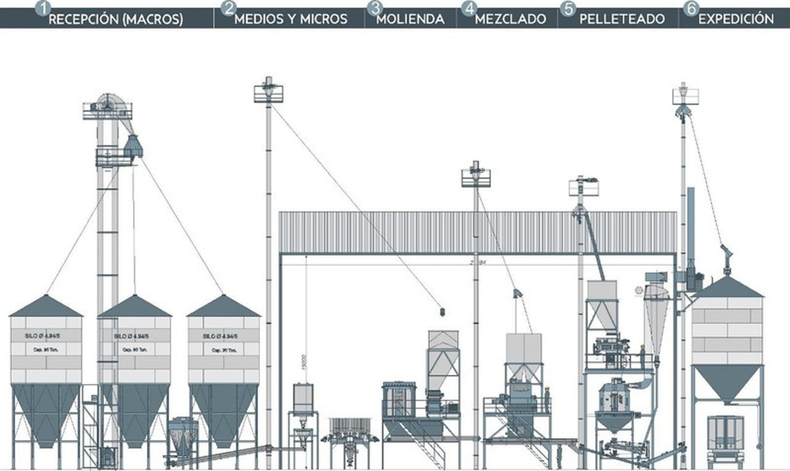 Esquema de una planta procesadora de alimento balanceado con silos