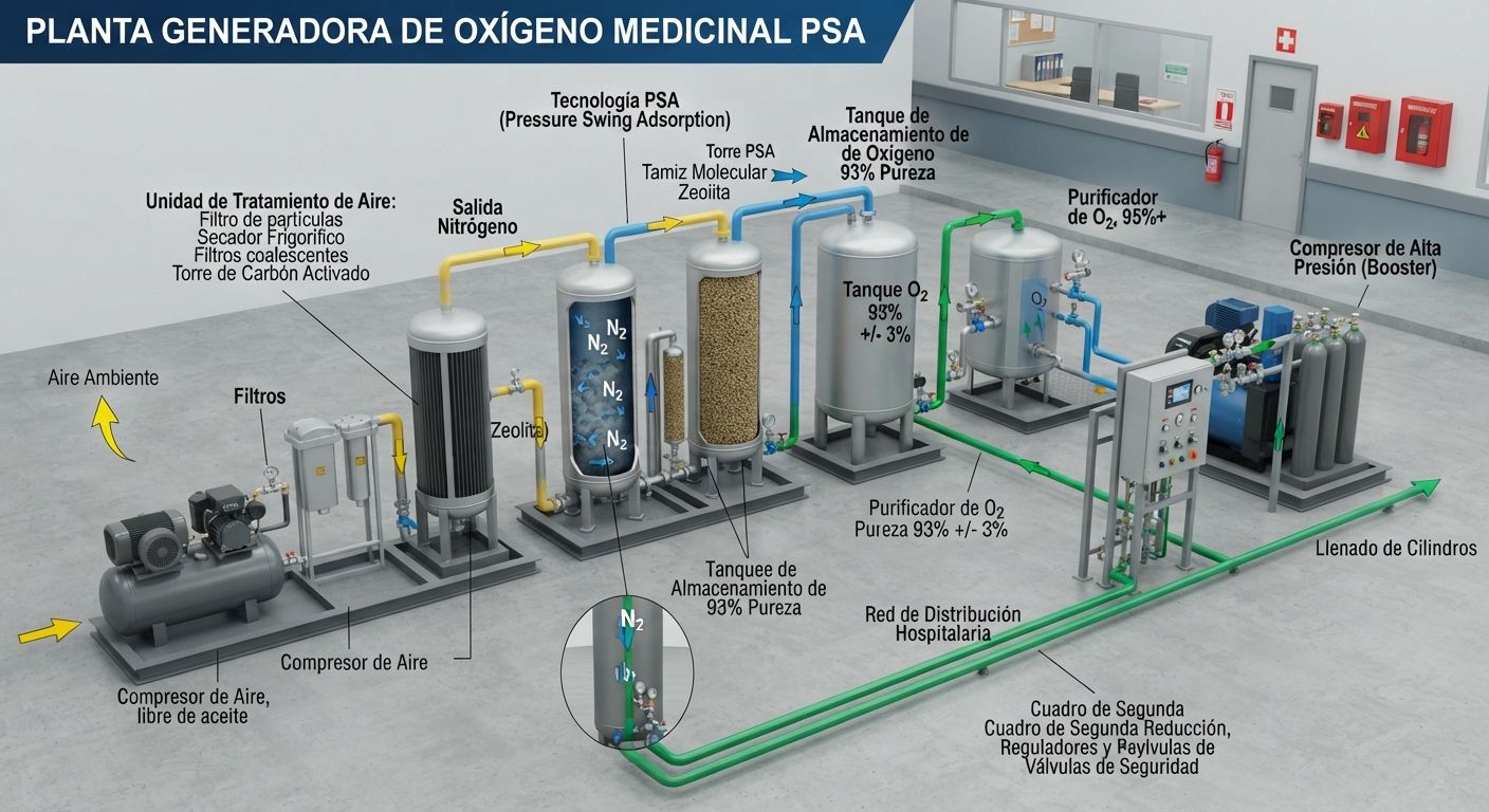 Esquema técnico 3D de planta generadora de oxígeno medicinal con tecnología PSA, compresor y tanques de almacenamiento