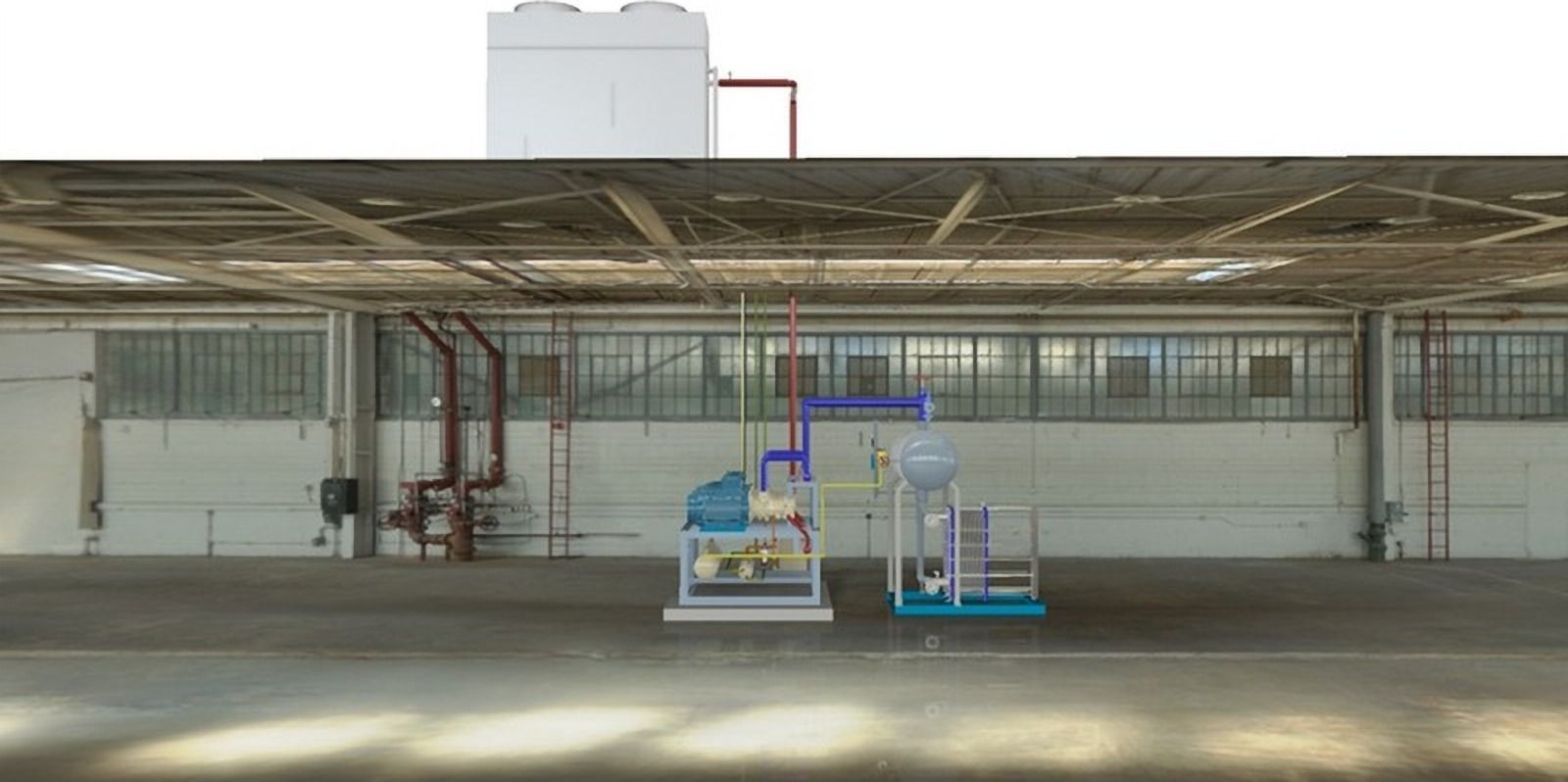 Representación 3D de un sistema de enfriamiento en una nave industrial